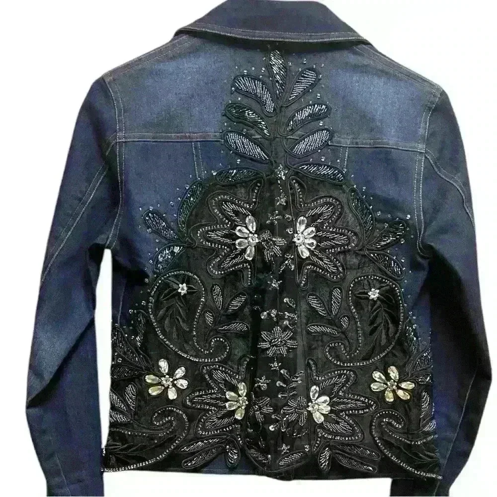 Denim Jacket Hand Embroidered and Beaded by Colleen Lopez. New No Tags - Picture 1 of 11